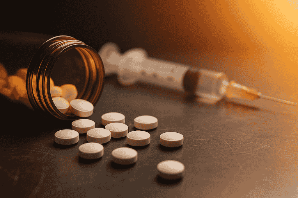 Fentanyl pills and syringe