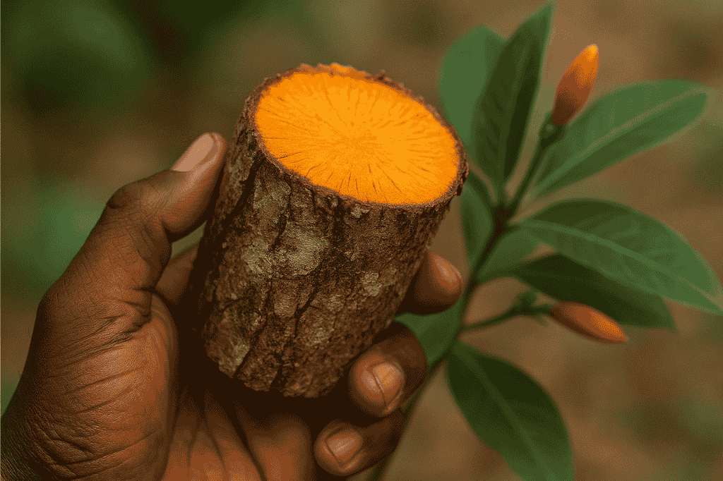Iboga root in hand close-up