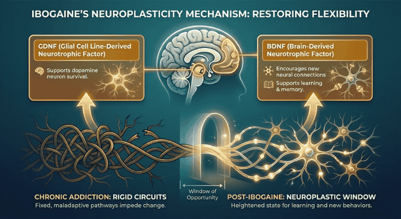 Ibogaine increasing GDNF and BDNF for brain healing