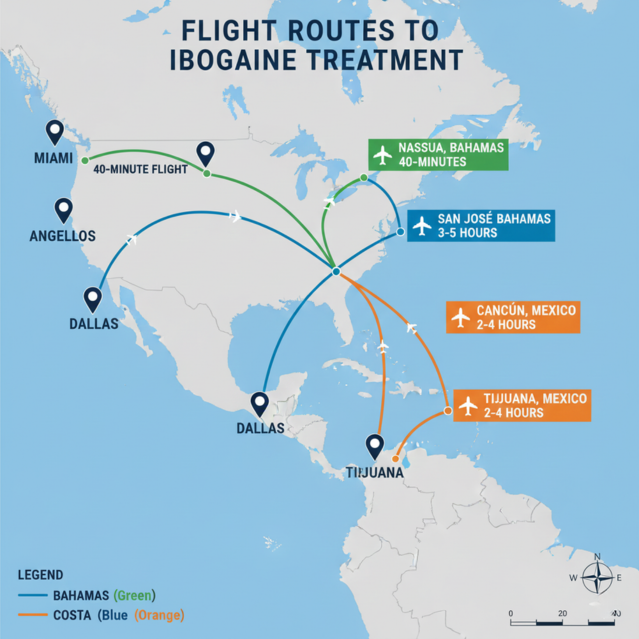 Flight routes from US to ibogaine treatment destinations Bahamas